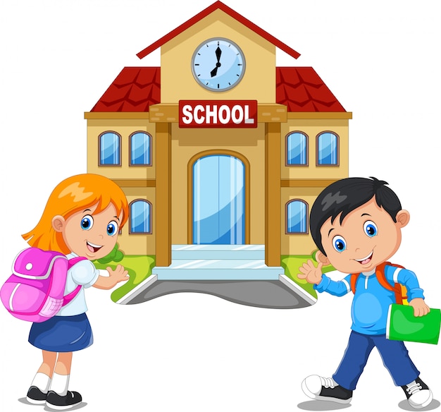 Chłopiec I Dziewczynka Idą Do Szkoły | Premium Wektor